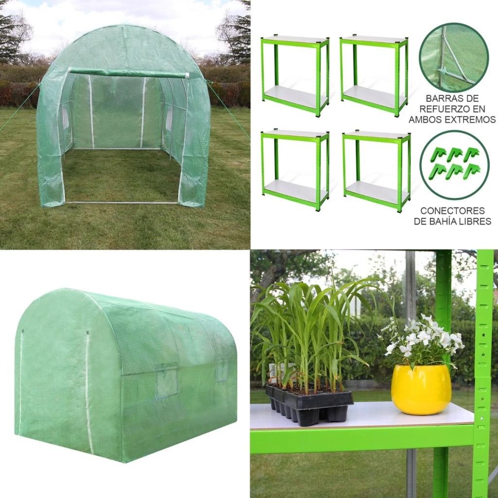 Serra da Giardino a Tunnel da Esterno in Polietilene Resistente alla Corrosione e Raggi UV Telaio in Ferro Galvanizzato per Piante Giardinaggio - 25mm - 4m x 2m & Scaffali