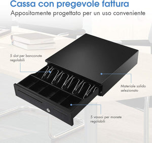 Cassetto Portasoldi, Cassetto Porta contanti, Cassetto per Registratore di Cassa, 5 scomparti per Monete e 5 scomparti per Banconote, 40,5x42x10cm