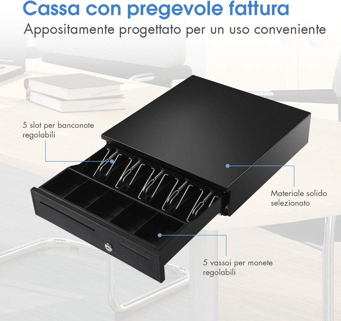 Cassetto Portasoldi, Cassetto Porta contanti, Cassetto per Registratore di Cassa, 5 scomparti per Monete e 5 scomparti per Banconote, 40,5x42x10cm