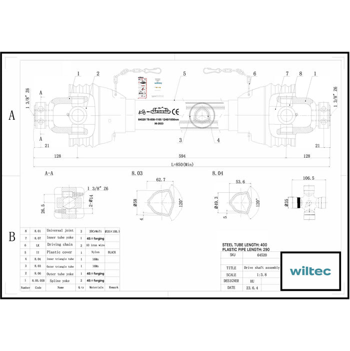 Albero cardanico T8 Giunto cardanico 850-935mm 1240Nm 540rpm Cardano 110kW 150CV 2x 1 3/8" Z6