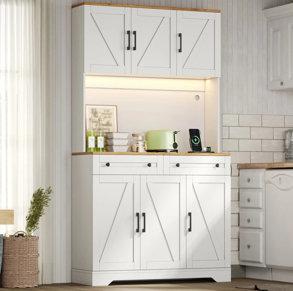 Credenza alta da cucina 100x40x180 cm in MDF naturale e bianco con LED e prese