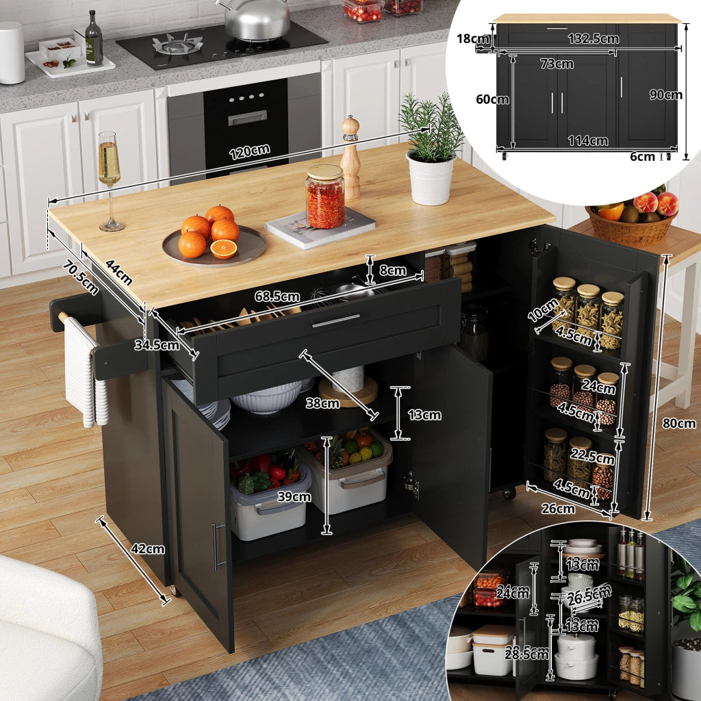 Isola da cucina mobile con piano pieghevole e vani