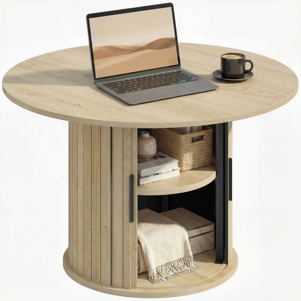 Tavolino da caff¨¨ rotondo ¨C Xylo ¨C legno naturale con ripiano e porte scorrevoli