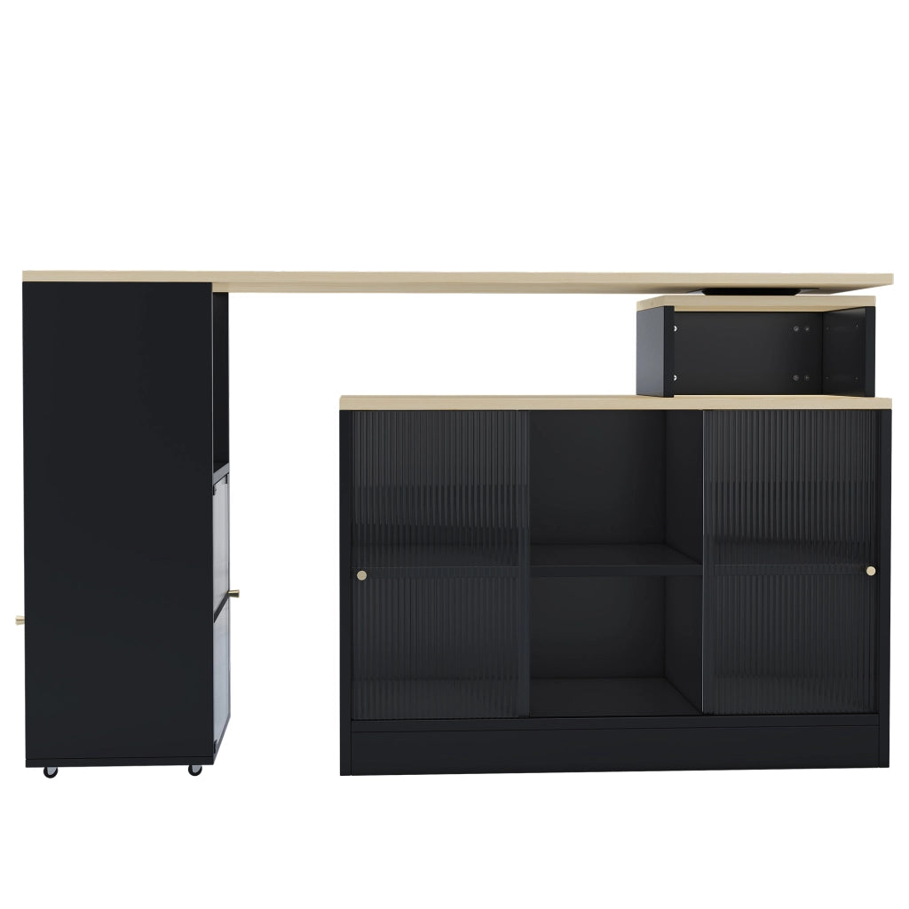 OKWISH Tavolo bar allungabile con 2 livelli di contenimento, 3 vani aperti e ante scorrevoli, girevole per cucina