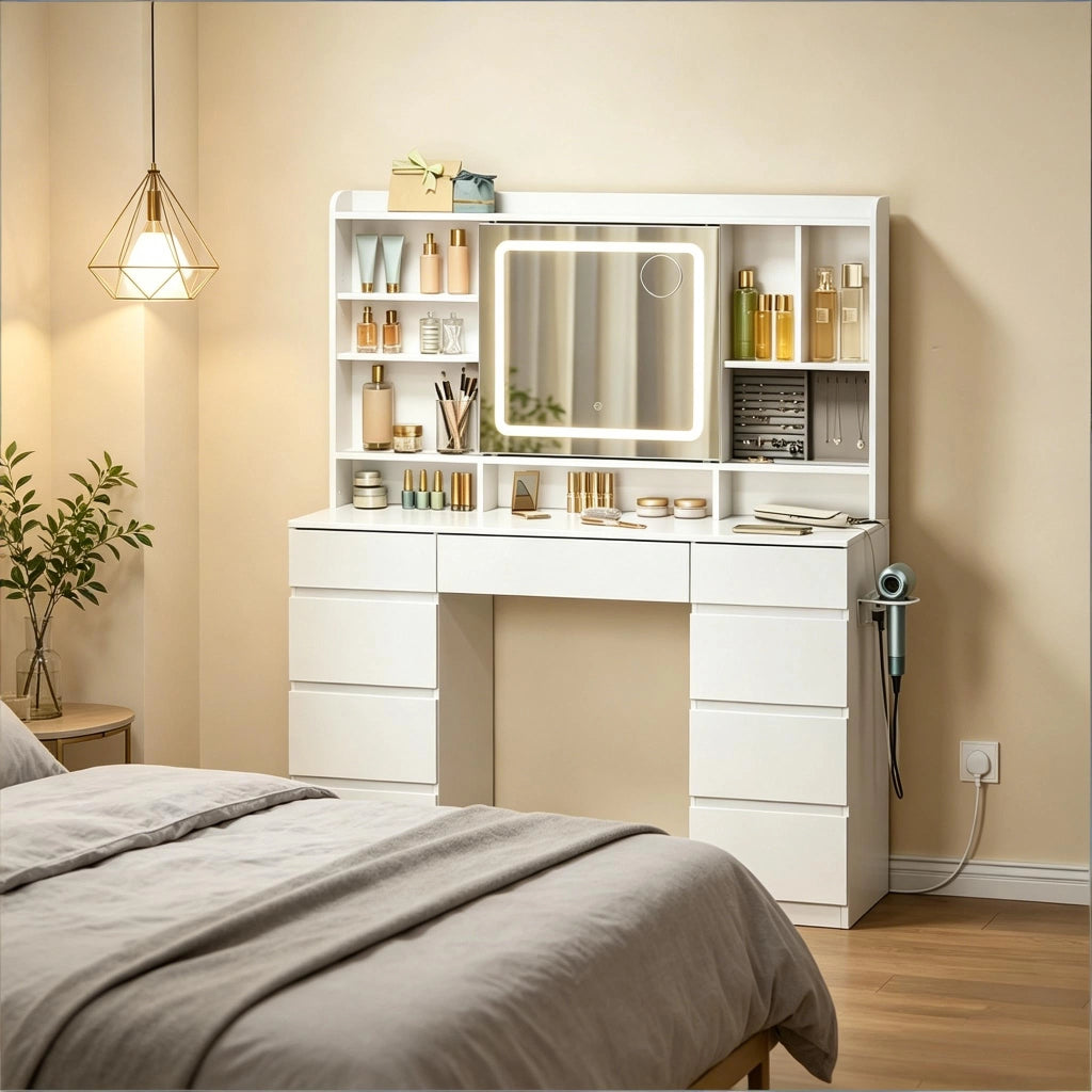 Toeletta con 9 cassetti; ripiani e portaphon; specchio scorrevole; LED dimmerabili e prese integrate; 110×40×140 cm