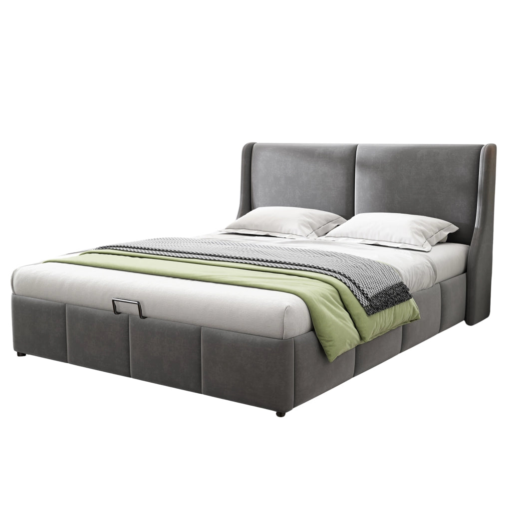 Letto imbottito 140x200 cm in velluto grigio con rete a doghe e contenitore sottoletto