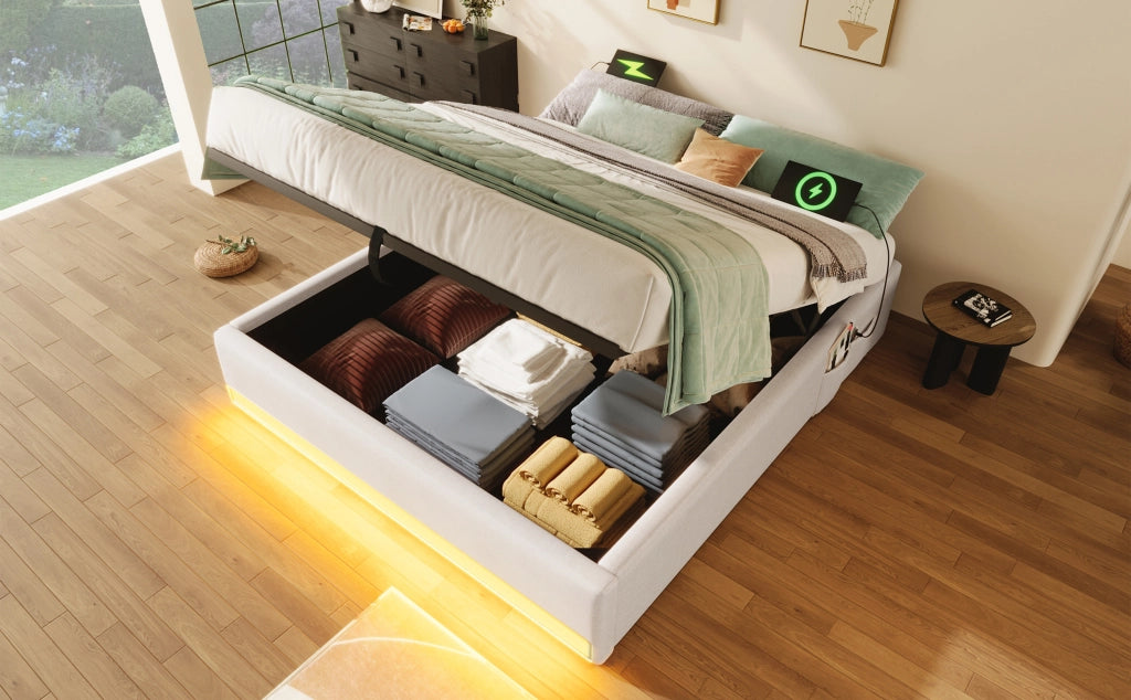 DESMIU Letto contenitore 140 × 200 cm 2 posti con USB, Type-C, LED e tasche, senza materasso, in lino beige