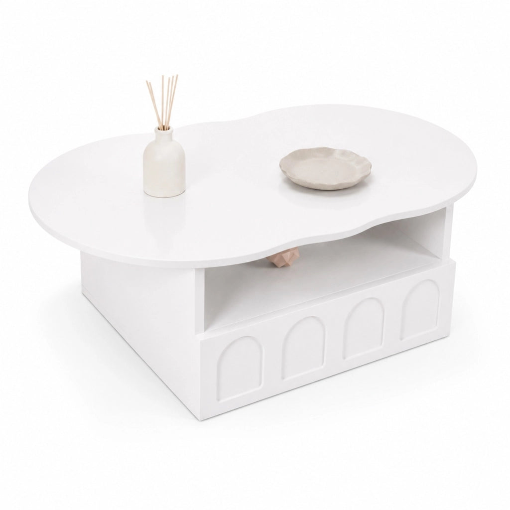 Tavolino da salotto a forma di nuvola 100x60x40;5 cm; in truciolare bianco con cassetto