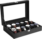 Cassa orologio per 12 orologi, Cassa orologio per uomo, Cassa orologio con coperchio in vetro, Pelle nera, Cuscino rimovibile, Ferma metallica, Scatola per gioielli per orologi uomo e donna