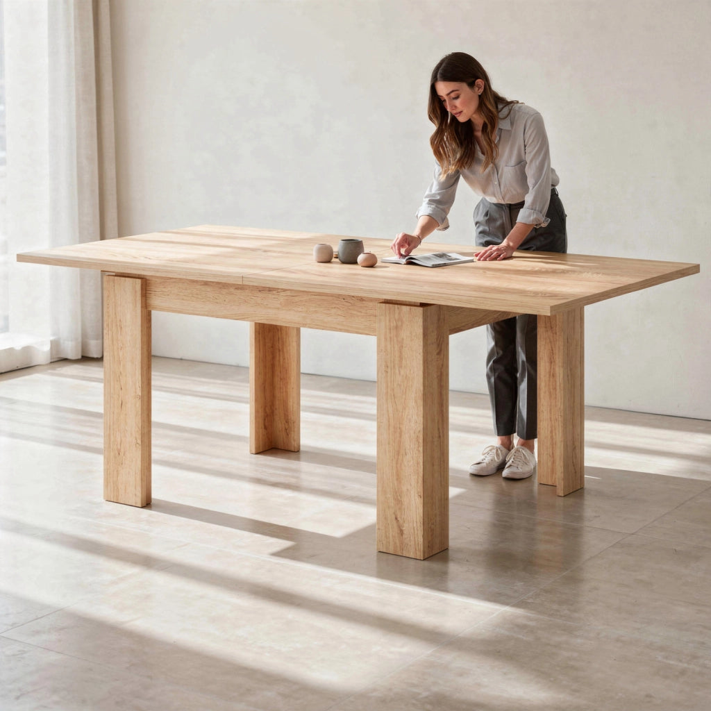 Tavolo Allungabile Per Cucina E Sala Da Pranzo Con Design Moderno Gambe Spesse E Meccanismo Centrale Da 4 A 8 Persone 90 X 90 / 180 X 90 Cm Rovere