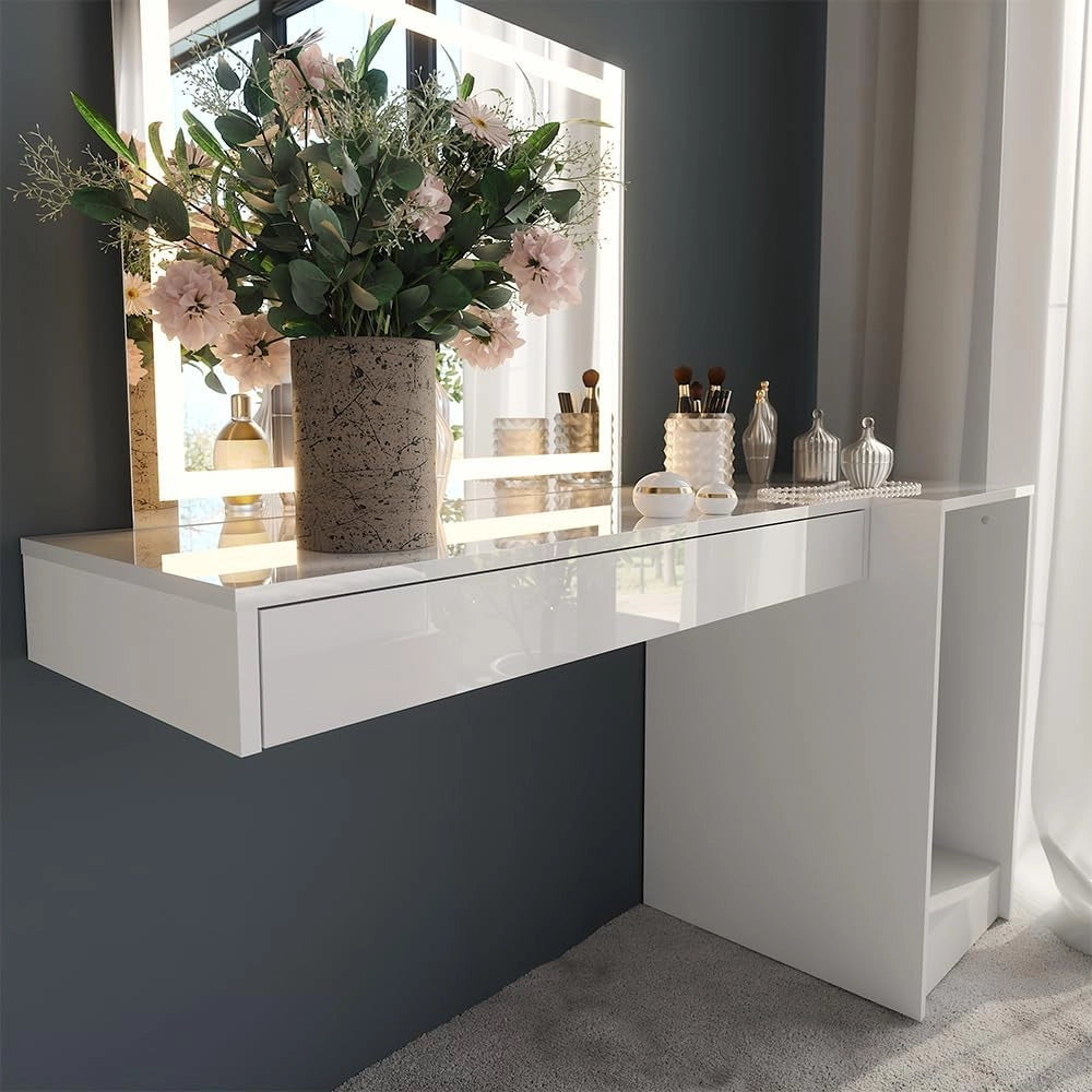 Tavolo da toeletta Sherry, Bianco, 100 cm 3 parti, con illuminazione LED e grande specchio per montaggio a parete