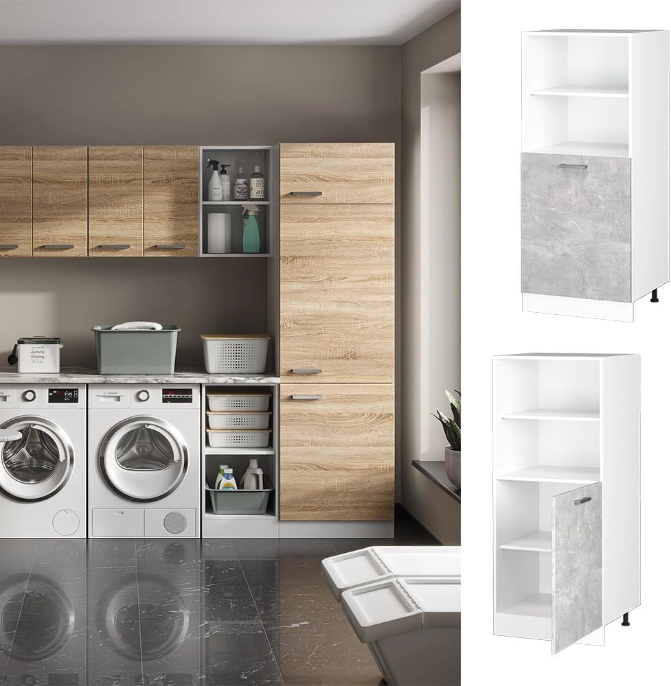 Dispensa universale R-Line, Calcestruzzo, 60 cm con ripiani aperti e anta, per la conservazione di utensili domestici e per la pulizia