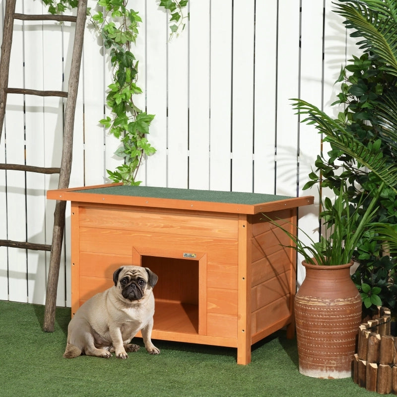 Casetta da giardino per cani in legno stile baita con tetto protettivo e fondo rialzato gialla 82 × 58 × 58 cm