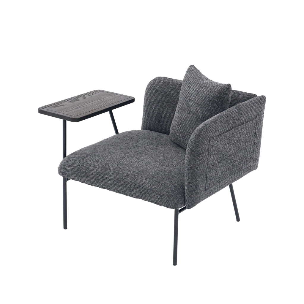 Poltrona da relax in chenille grigio scuro con tavolino laterale e tasche portaoggetti; 86x72x71 cm