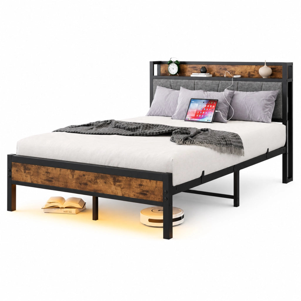 Letto 140x200 cm con LED; testiera contenitore con USB e presa; MDF e metallo marrone anticato