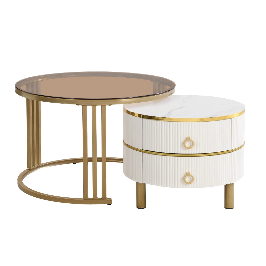 OKWISH Tavolini da Salotto Impilabili Rotondi con 2 Cassetti, Piano in Vetro Temperato e Piano Lucido, MDF, Bianco