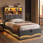 LETTO Multifunzione 90x200 cm Grigio in ferro con LED, USB e vano contenitore