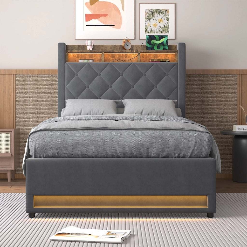LETTO Imbottito 90 x 200 cm in Velluto Grigio con LED, USB e Contenitore