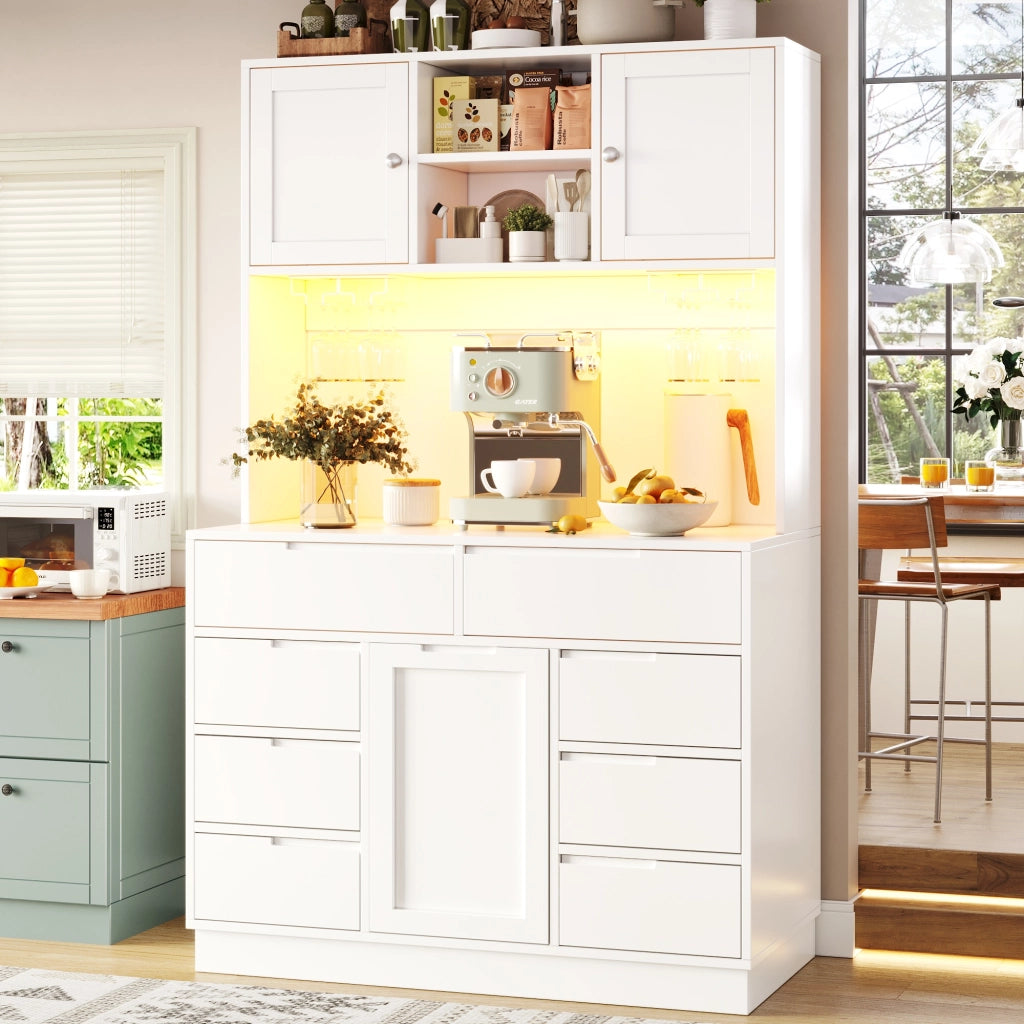OKWISH Credenza Alta da Cucina con 8 Cassetti, Ripiani Regolabili, LED e Chiusura Magnetica, Bianco, 120×40×183.5 cm