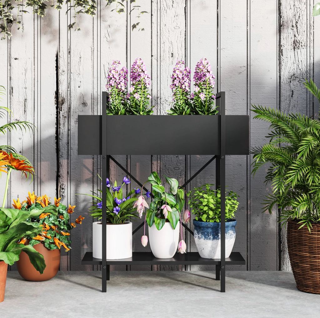 Porta piante a 2 livelli in metallo nero 70 cm, da interno ed esterno