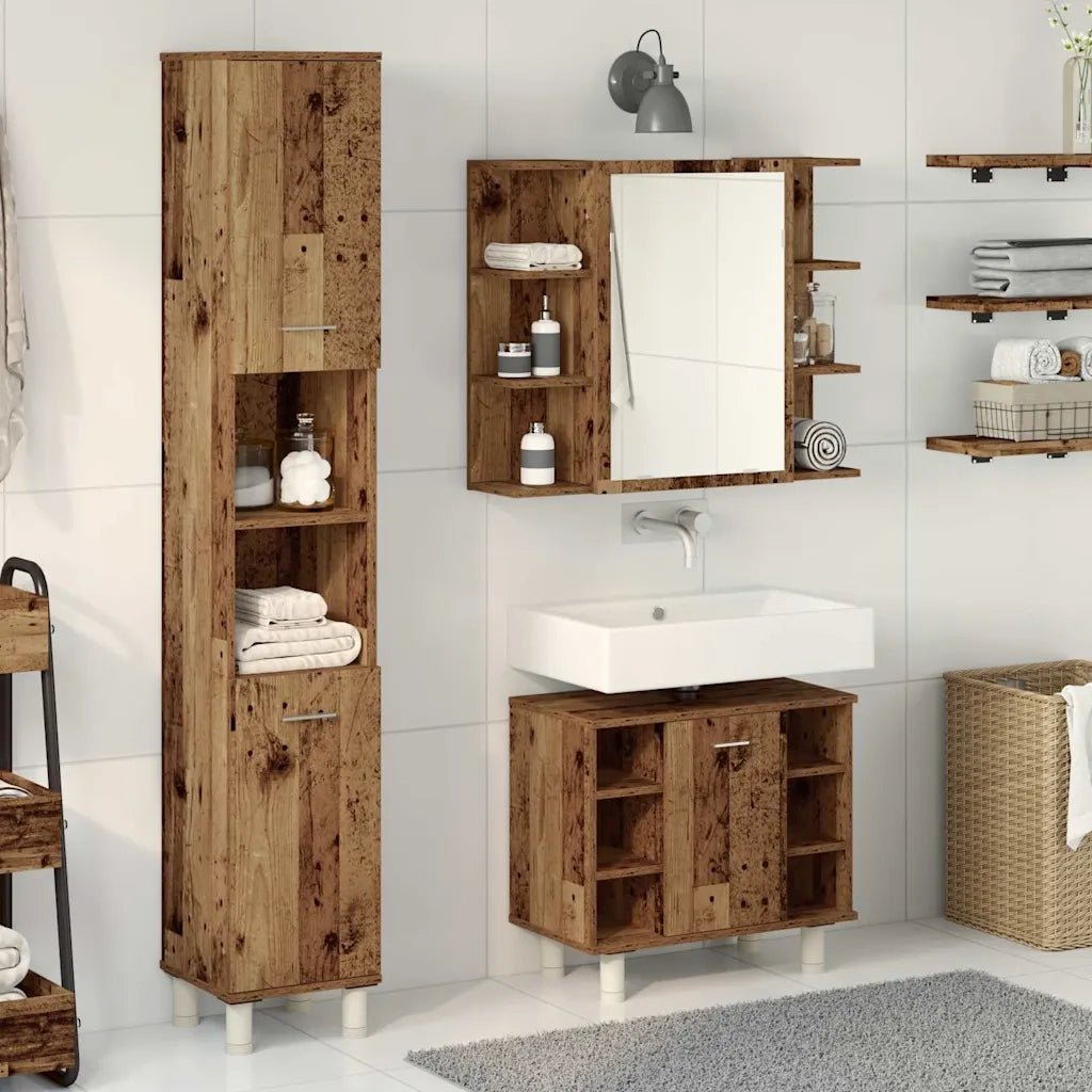 Set Mobili da Bagno 3 pz Legno Antico in Legno Multistrato