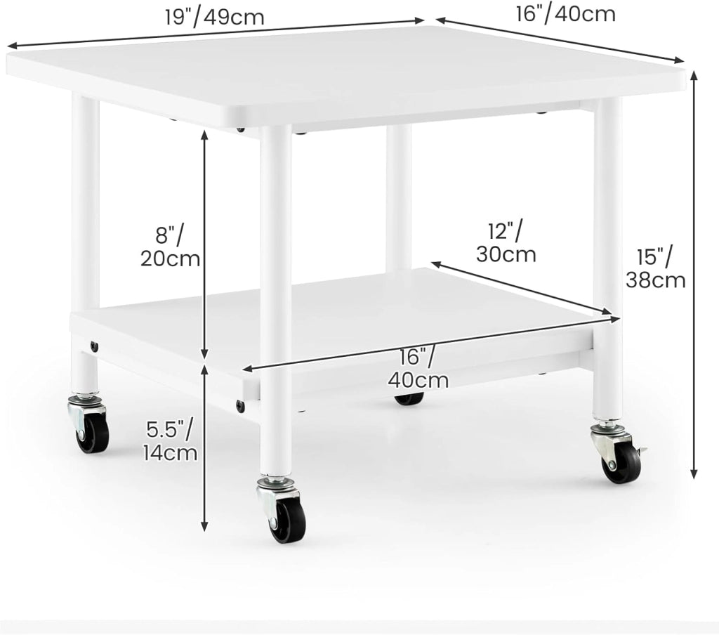 Supporto per Stampante, Carrello Stampante con Ruote Girevoli a 360⁰, Design Rimovibile, Superficie Ampia e Liscia, di Legno e Acciaio, 49 x 40 x 37 cm (Bianco)