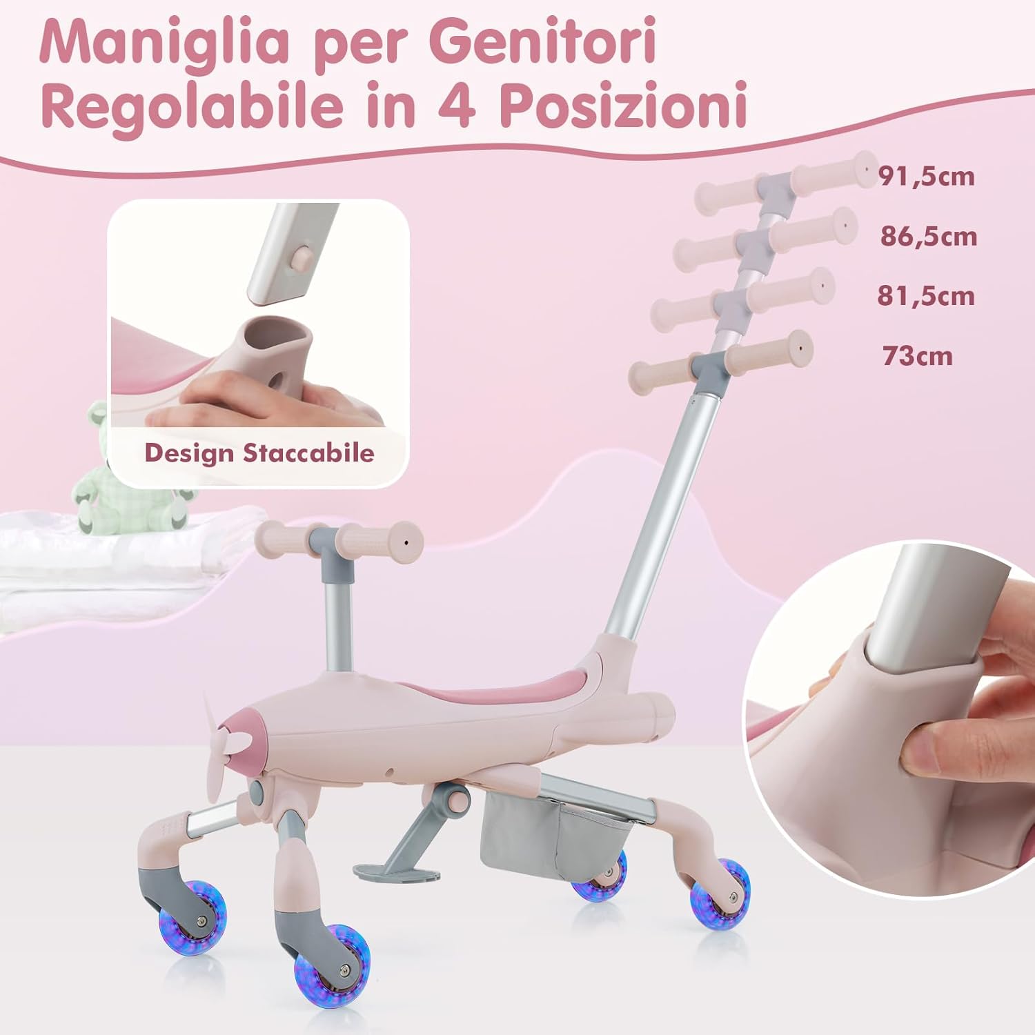 2 in 1 Auto a Spinta per Bambini, Giocattolo Scorrevole con Luci a LED Maniglia Rimovibile e Regolabile, Poggiapiedi Pieghevole e Cestino Portaoggetti, per Bambini 18-70 Mesi (Rosa)