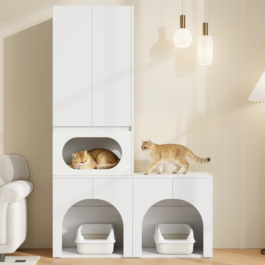 Mobile coperto per lettiera per gatti con 2 vani toilette, zona riposo e armadio, bianco, 140 × 45 × 195 cm