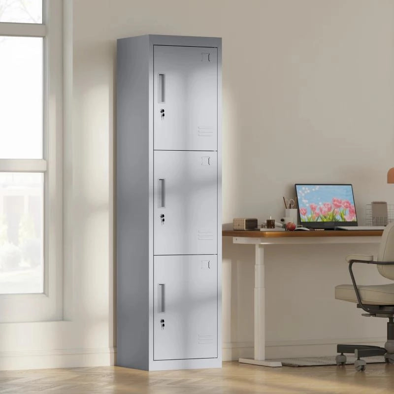 ARMADIO PER UFFICIO IN ACCIAIO A 3 PORTE INDIPENDENTI CON SERRATURA E 2 CHIAVI, 45X38X180 CM, GRIGIO CHIARO