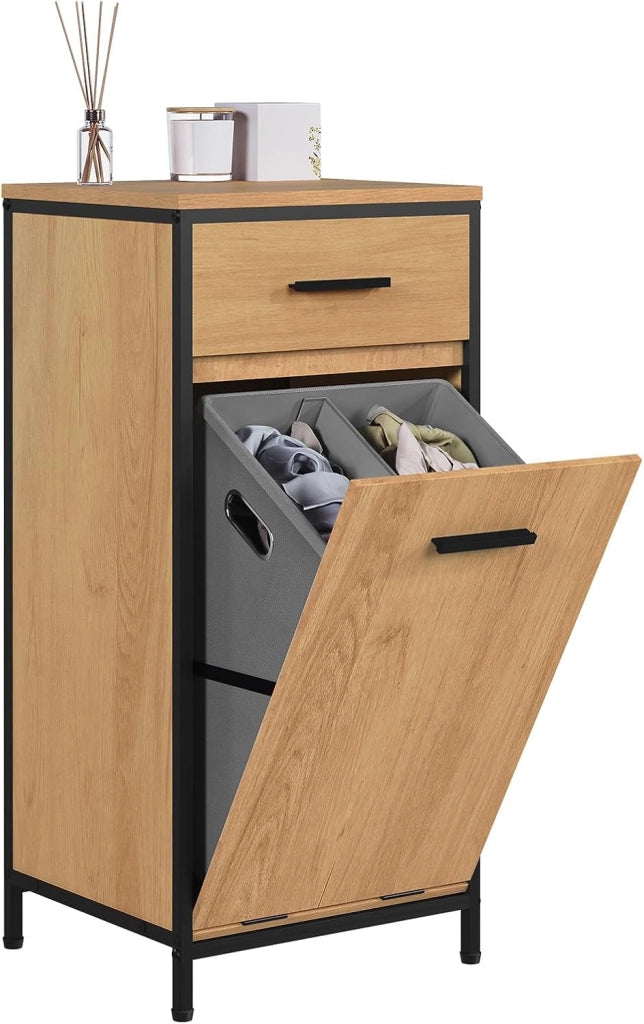 Mobile da Bagno Con Cassetto e Sacco per la Biancheria, Struttura in Metallo e MDF, Rovere Chiaro + Nero, 38x34x80 cm