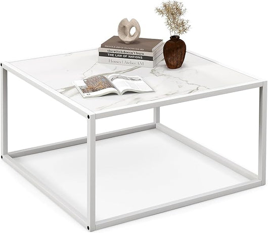 Tavolino da Salotto in Legno, Tavolino Basso con Piano in Finto Marmo e Struttura in Acciaio, Tavolino Basso per Soggiorno e Ufficio, Portata Massima 45 kg, 70 x 70 x 40 cm (Bianco)