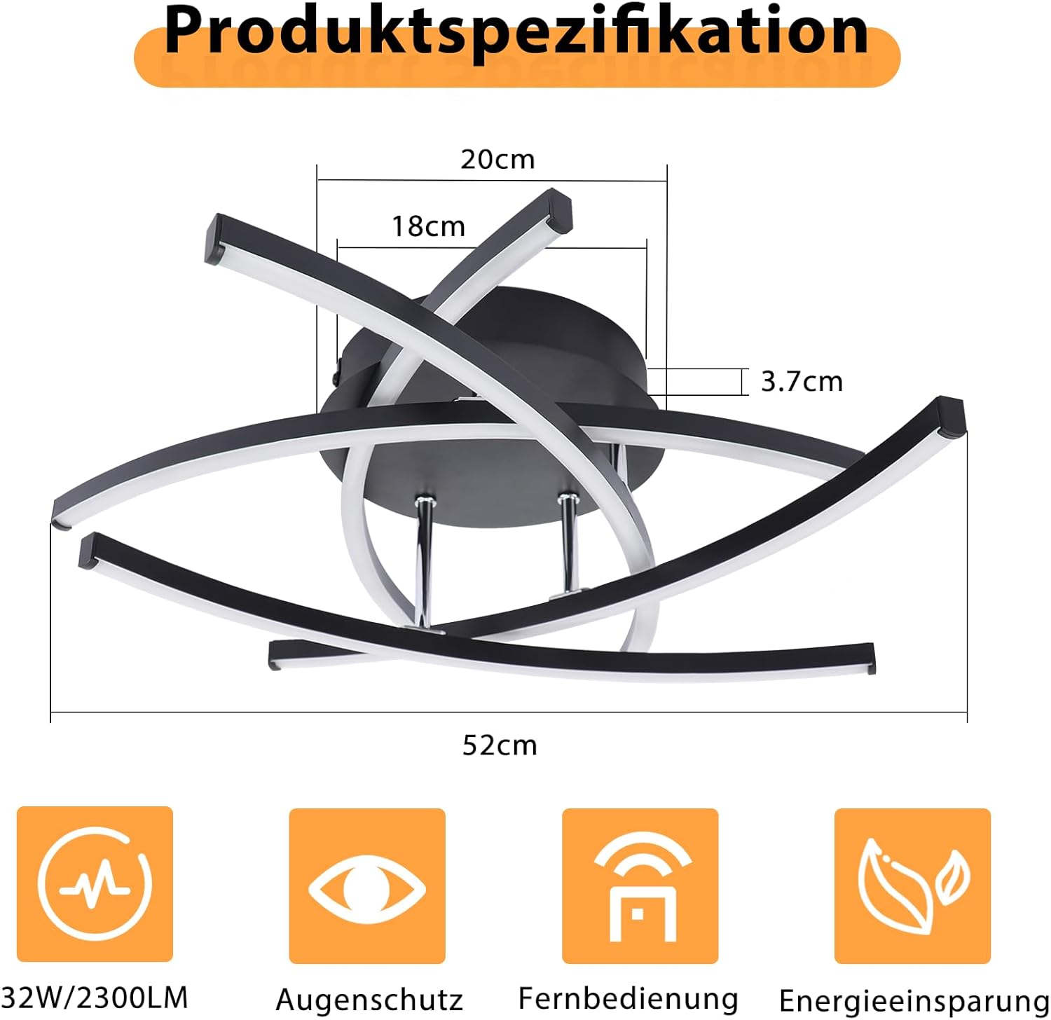 ZMH Lampada da soffitto plafoniera LED moderna nera 32W per soggiorno ufficio