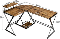 Scrivania Angolare di Metallo e Legno, Scrivania per Computer con Alzata per Monitor e Ripiano, Scrivania Moderna e Salvaspazio per Casa e Ufficio, Brown