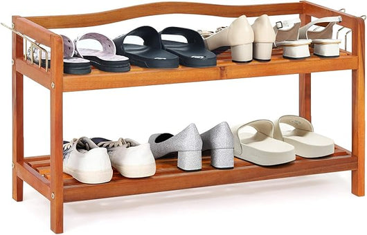 Scarpiera a 2 Livelli, Scaffale per Scarpe in Legno di Acacia Solido con Ganci Laterali in Metallo, Contiene 12 Paia, Capacità di Ogni Ripiano 20 kg, 74 x 26 x 42 cm (2 Livelli)