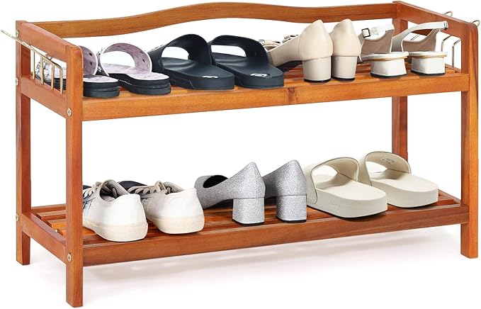 Scarpiera a 2 Livelli, Scaffale per Scarpe in Legno di Acacia Solido con Ganci Laterali in Metallo, Contiene 12 Paia, Capacità di Ogni Ripiano 20 kg, 74 x 26 x 42 cm (2 Livelli)