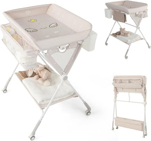 Fasciatoio Neonato Pieghevole, Fasciatoio Portatile con Altezza Regolabile a 3 Livelli, Fasciatoio Neonato con Ruote di Bloccabili, Ripiano, Porta Asciugamani, Cestino di Rifiuti (Beige)