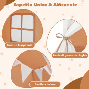 Tenda da Gioco per Bambini, Tenda per Bambini con Finestre Tappetino Lavabile in Cotone e Bandiera, Castello da Gioco per Bambini 3 Anni + (Marrone chiaro)