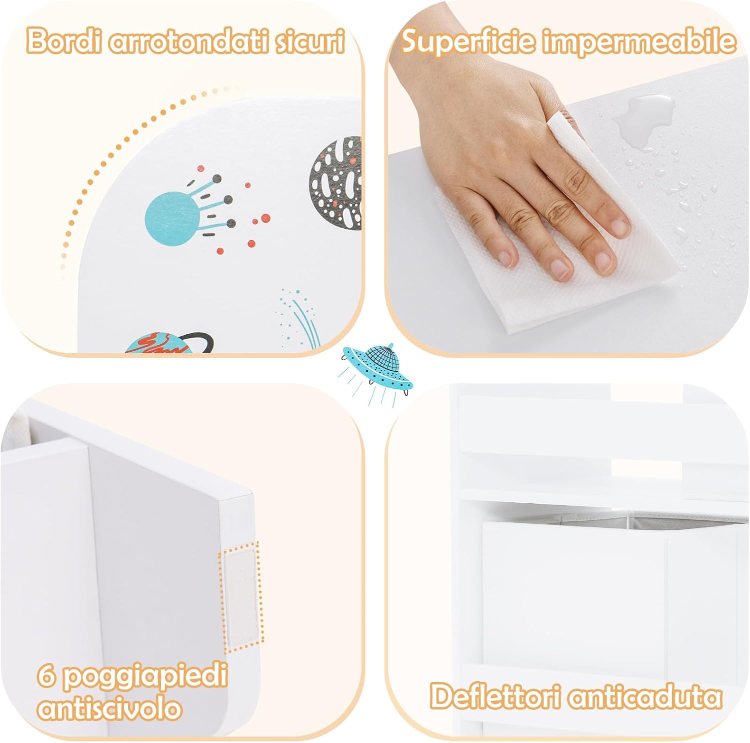 Armadio per Bambini, Scaffale di Legno con 3 Livelli e 5 Scompartimenti, 2 Cassetti in Tessuto e 3 Spazi per Giocattoli e Libri, Scaffale Verticale per Bambini, Bianco (Razzo)