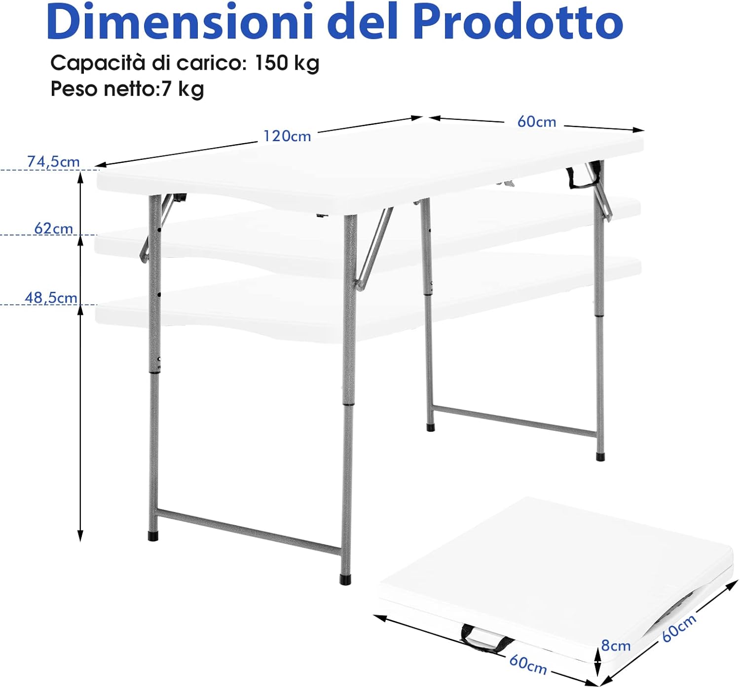 Tavolo Pieghevole, Tavolo da Picnic Portatile con Altezza Regolabile a 3 Livelli e Maniglia, Utilizzabile all’Interno ed all’Esterno, Ideale per Campeggio, Matrimonio e Festa