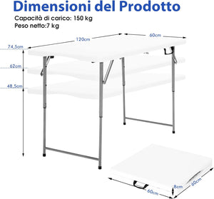 Tavolo Pieghevole, Tavolo da Picnic Portatile con Altezza Regolabile a 3 Livelli e Maniglia, Utilizzabile all’Interno ed all’Esterno, Ideale per Campeggio, Matrimonio e Festa