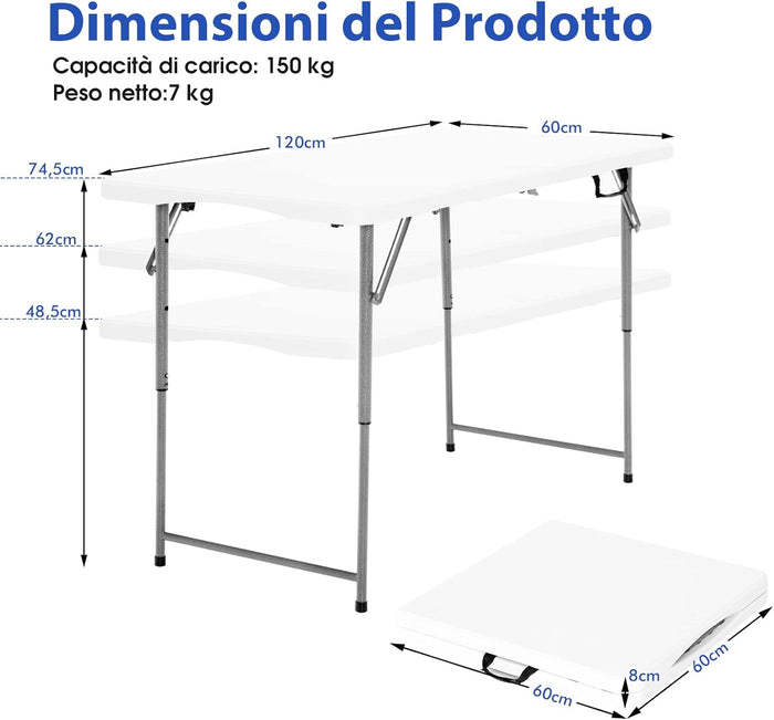 Tavolo Pieghevole, Tavolo da Picnic Portatile con Altezza Regolabile a 3 Livelli e Maniglia, Utilizzabile all’Interno ed all’Esterno, Ideale per Campeggio, Matrimonio e Festa