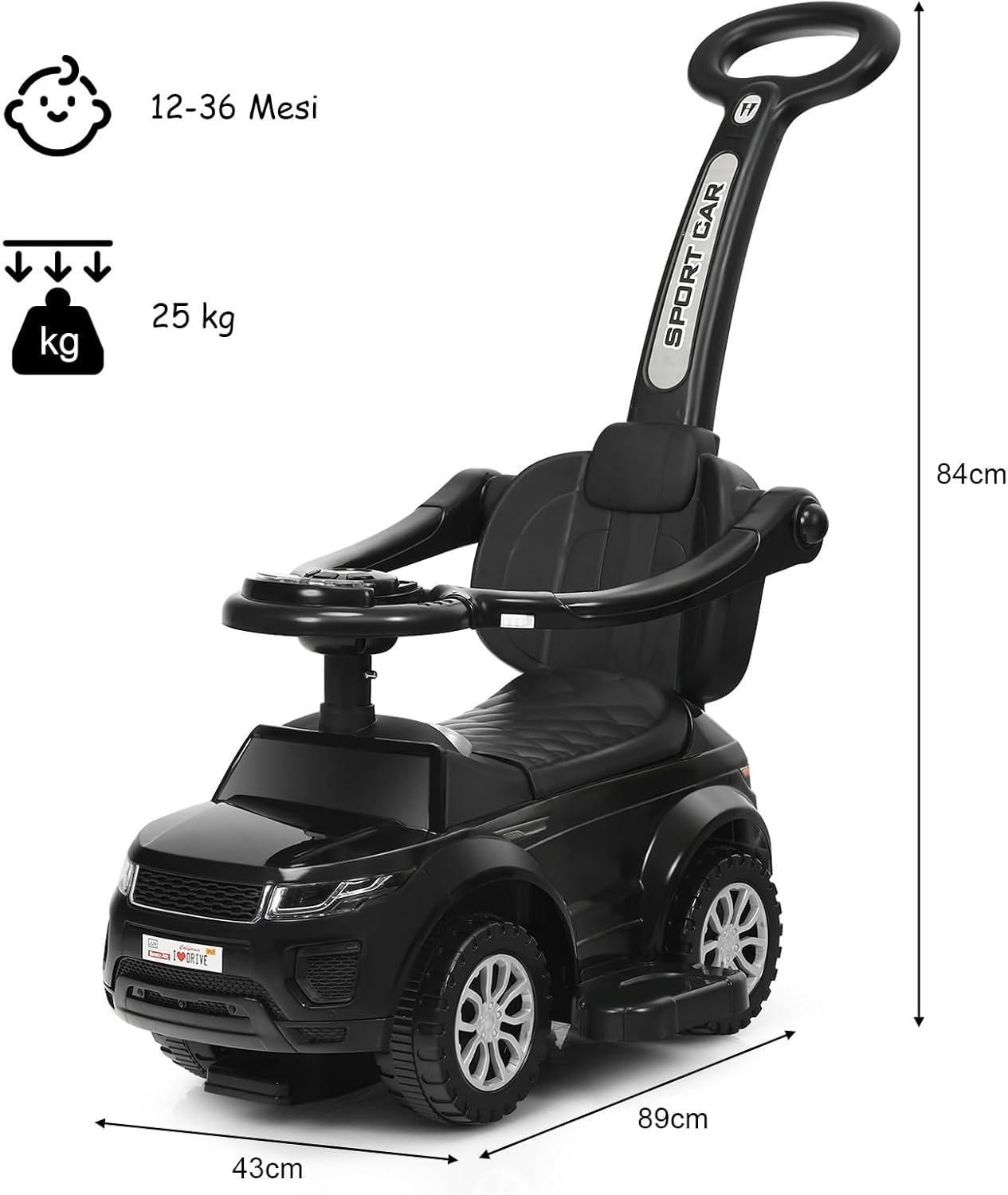 3 in 1 Macchina Cavalcabile a Spinta per Bambini, con Clacson Musica Luce Portaoggetti Sotto Sedile, Auto a Spinta per Bambini di 1-3 Anni (Nero)