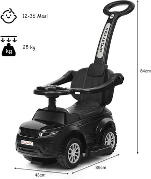 3 in 1 Macchina Cavalcabile a Spinta per Bambini, con Clacson Musica Luce Portaoggetti Sotto Sedile, Auto a Spinta per Bambini di 1-3 Anni (Nero)