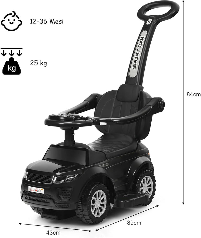 3 in 1 Macchina Cavalcabile a Spinta per Bambini, con Clacson Musica Luce Portaoggetti Sotto Sedile, Auto a Spinta per Bambini di 1-3 Anni (Nero)