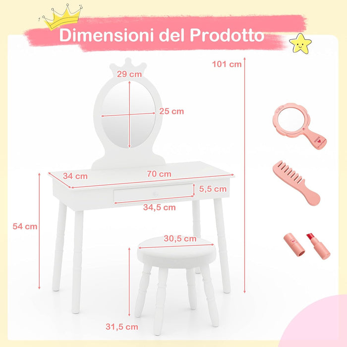 Toeletta Trucco per Bambina, Specchiera per Ragazzi in Legno Robusto, Postazione Trucco 2 in 1 Principessa con Cassetto, Sgabello e Specchio Staccabile, 70 x 34 x 100 cm (Bianco)
