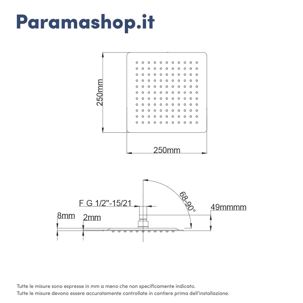 Soffione doccia quadrato ultraslim 25x25 cm orientabile nero opaco