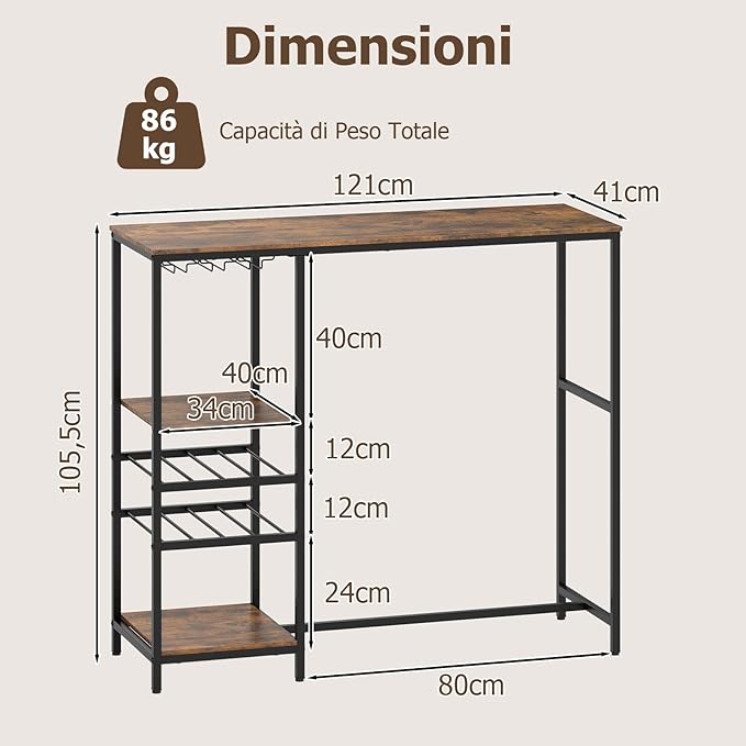 Tavolo da Bar 121 x 41 x 105,5 cm, Angolo Bar per Casa con Scaffali di Stoccaggio, Portabottiglie e Portacalici, Tavolo Alto per Cucina, Soggiorno, Ristorante e Bistrò