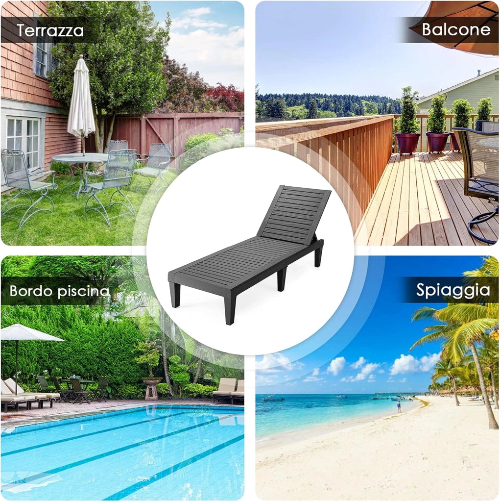 Lettino Prendisole da Giardino, Sdraio da Giardino Con Schienale Regolabile a 5 Livelli, Chaise Longue Impermeabili da Esterno, per Spiaggia Piscina Giardino, Portata 180 kg (2, Nero)