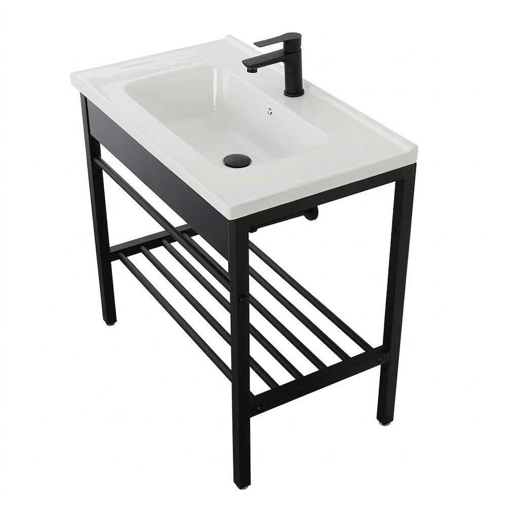 Mobile bagno a terra in metallo 60 cm nero opaco con specchio e pensile linea Borg
