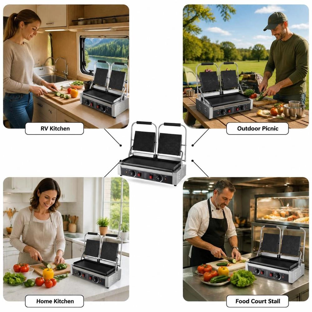 Commercial Panini Grill, Contact Grill, 3600 W For Sandwiches, Steak, Bacon, Hamburgers, Sandwich Maker, Stainless Steel Press Grill With Handle, Temperature Control, And 48 X 23 Cm Heating Plate.